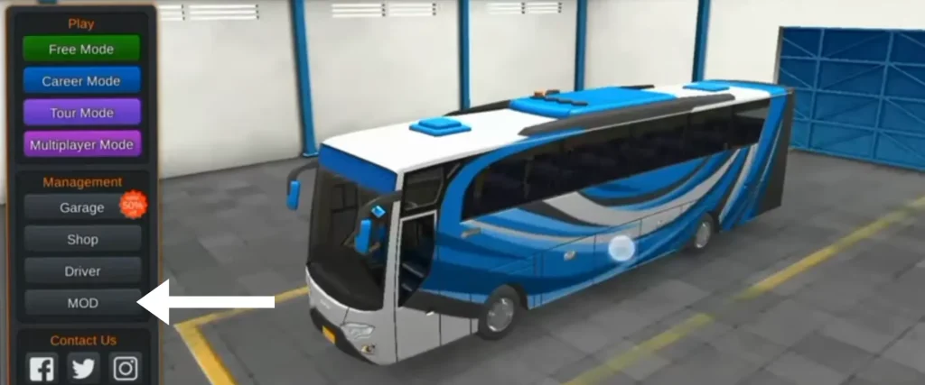 Komban Bus Skin & Livery Download ( Updated Version) 2 image showing Bus Simulator Indonesia interface with arrow toward Mod
